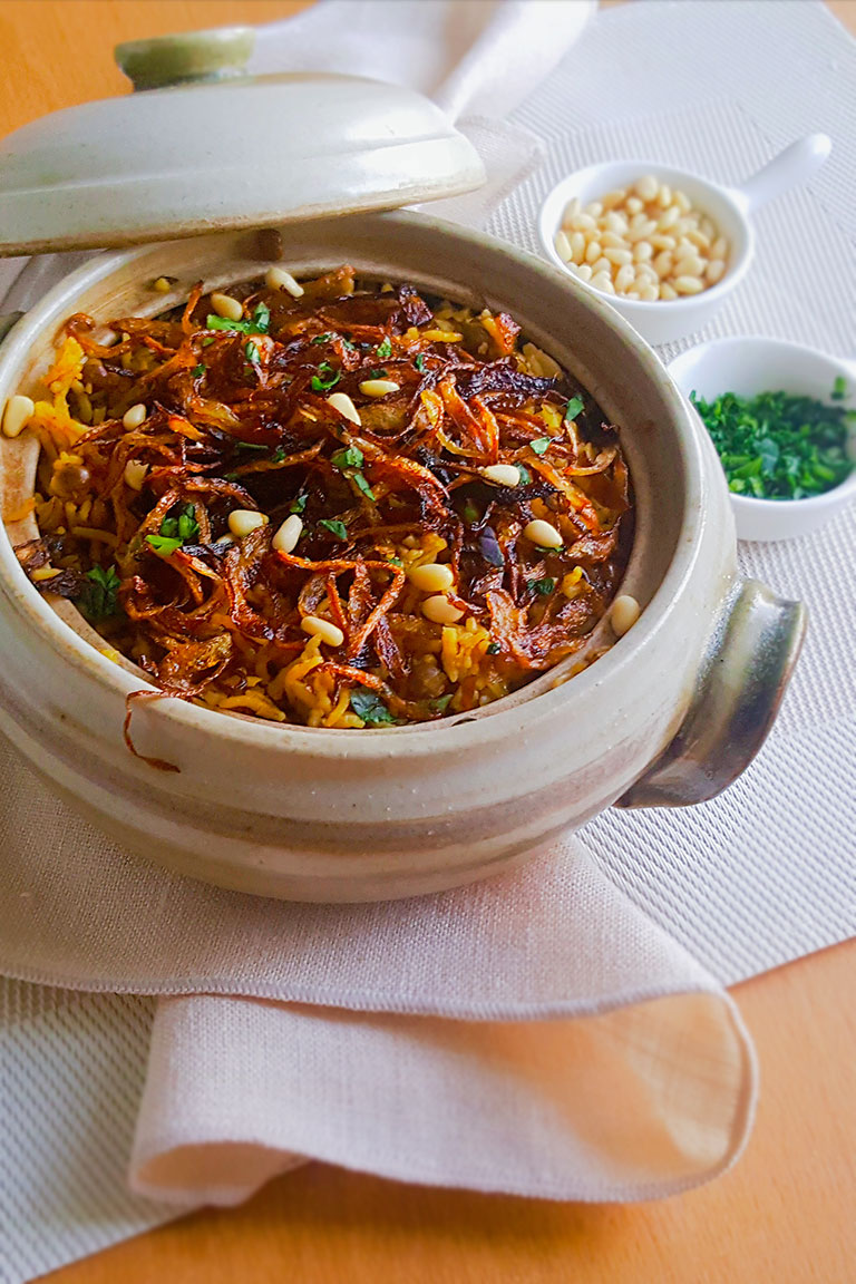 Mujadara lentil and rice with crispy onions.