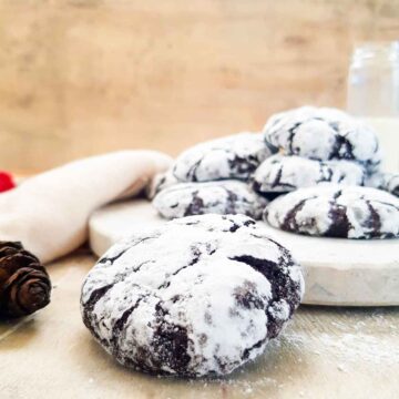 Vegan Chocolate crinkle cookies stack.