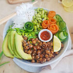 Chickpeas poke bowl with fresh veggies and rice noodles