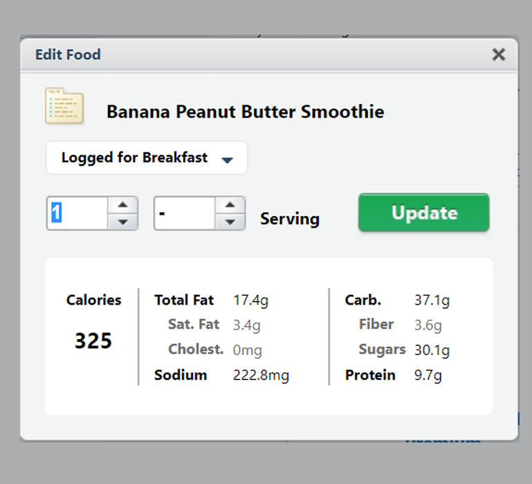 chart showing banana peanut butter smoothie calorie count