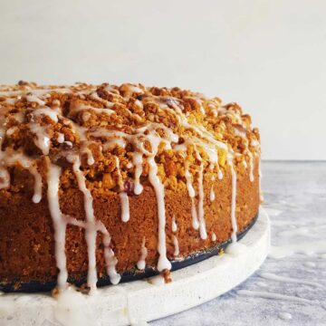 Vegan Coffee Cake topped with sugar glaze