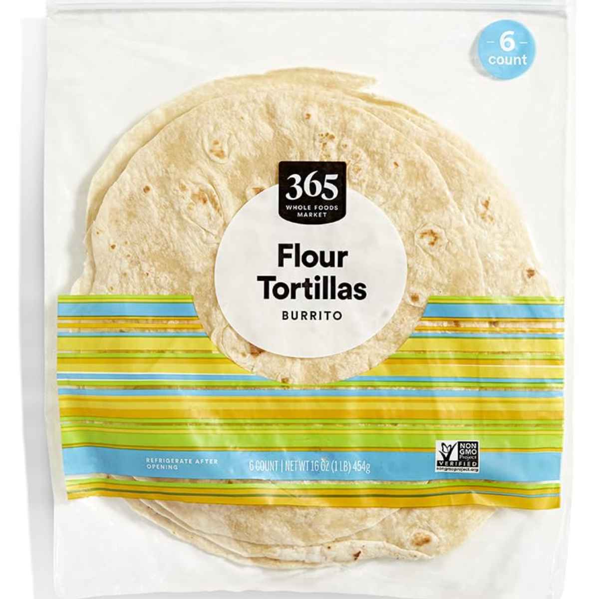 Packaging of 365 whole food flour tortillas.