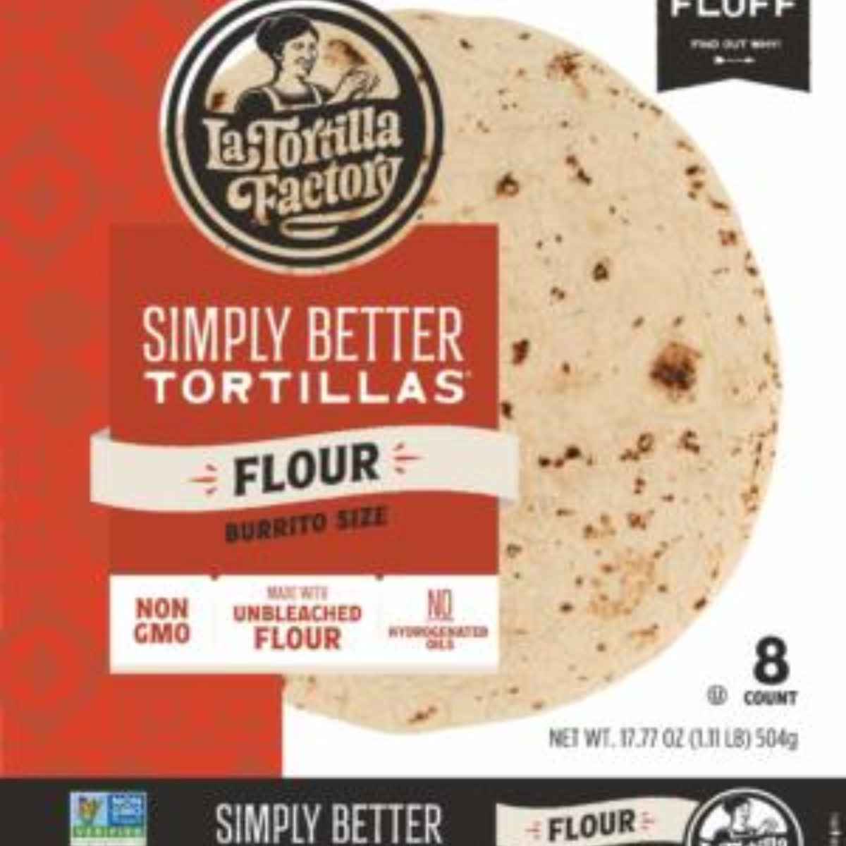 Packaging of La Tortilla factory burrito size flour tortillas.