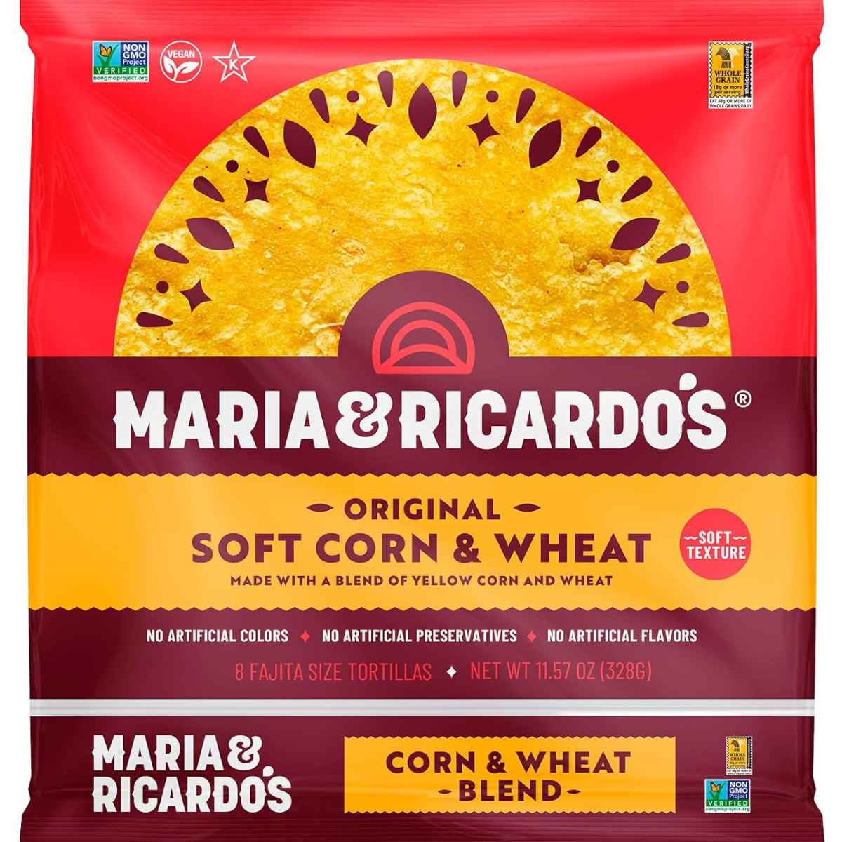 Packaging of Maria & Ricardo's soft corn and wheat tortillas.