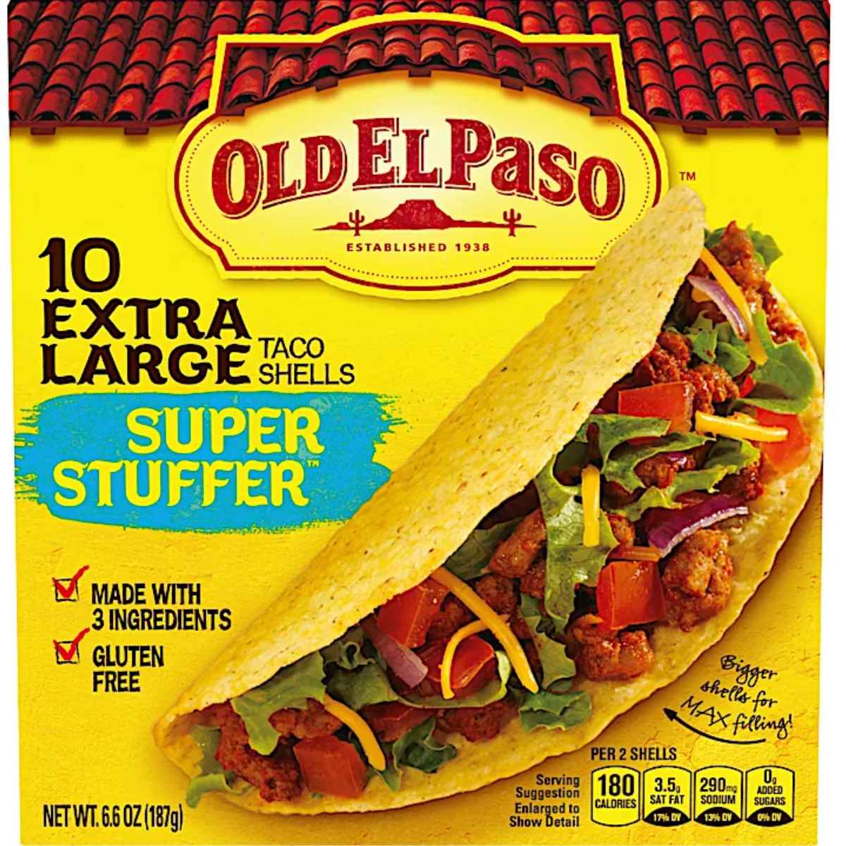Packaging of old el paso extra large corn taco shells.