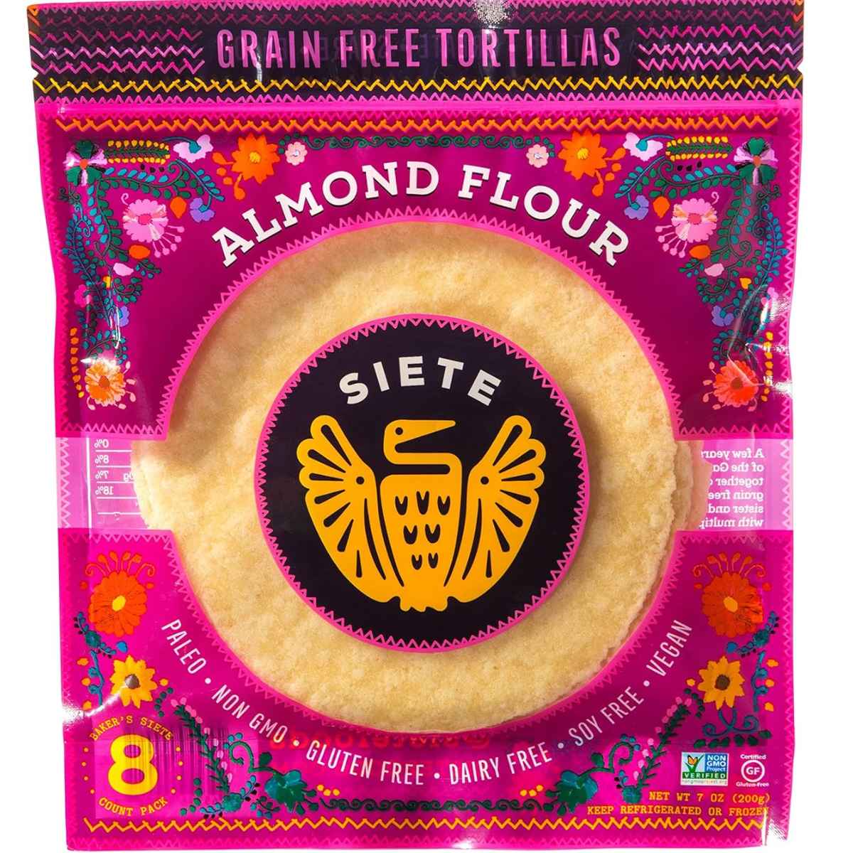 Packaging of Siete foods almond flour tortillas