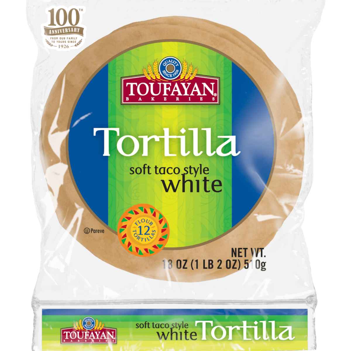 Packaging of Toufayan Bakery soft taco style white flour tortillas.