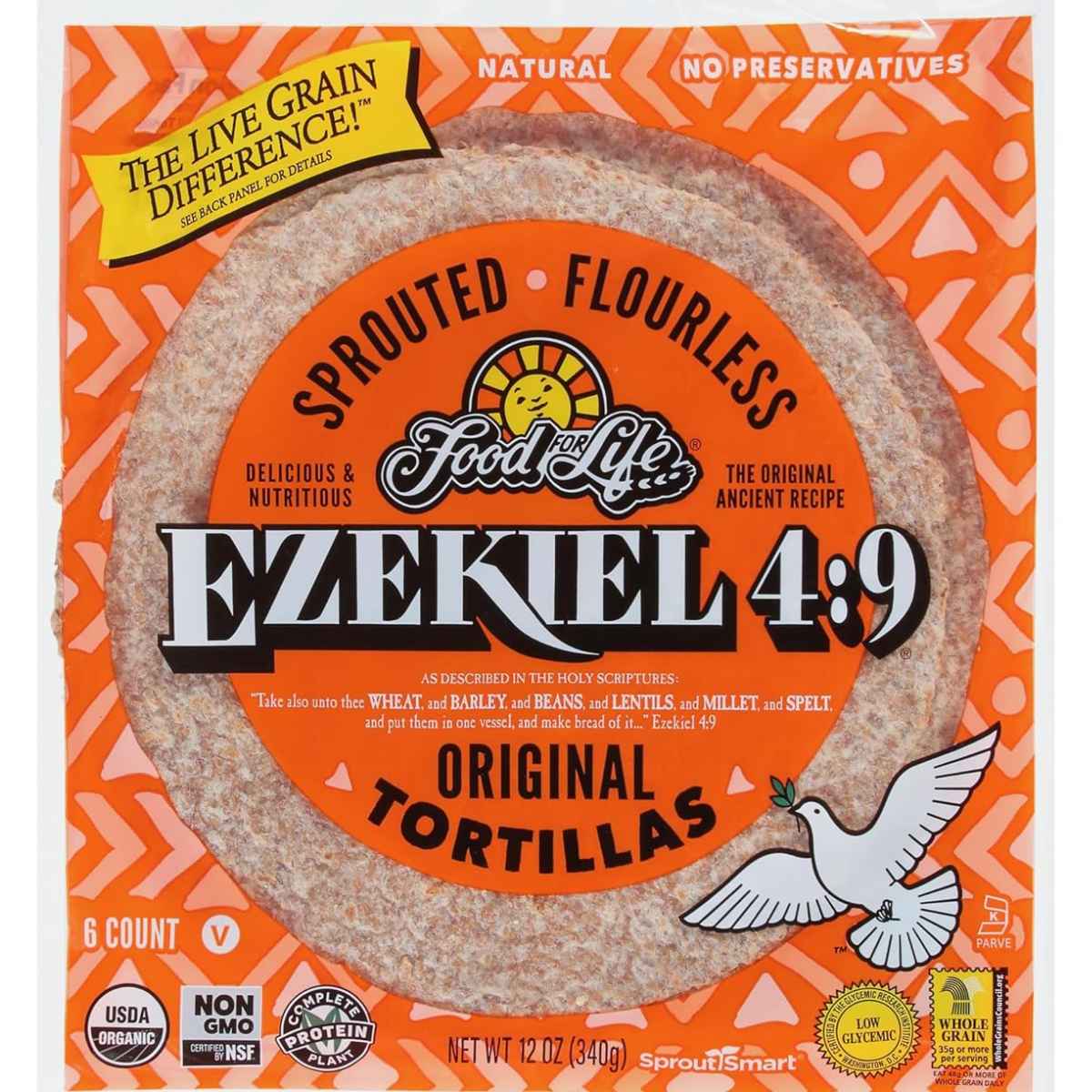 Packaging of Food for life sprouted flour less tortillas.