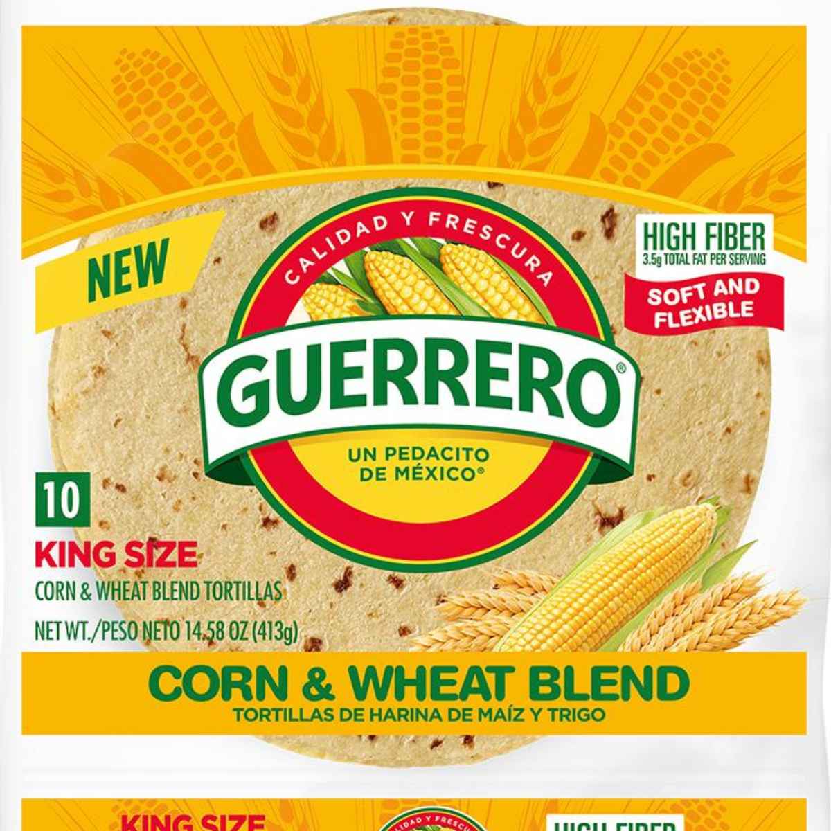 Packaging of Guerrero corn and wheat blend tortillas, king-sized. Features yellow corn and wheat imagery, highlighting "high fiber," "soft and flexible.