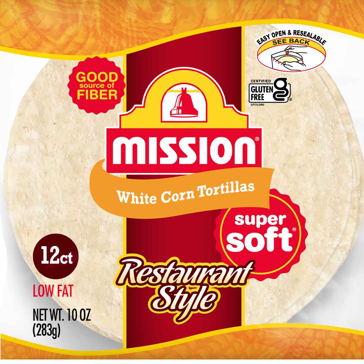 Packaging of Mission White Corn Tortillas, featuring "super soft" and "restaurant style" labels. Highlights include "good source of fiber," "low fat," and "gluten free.