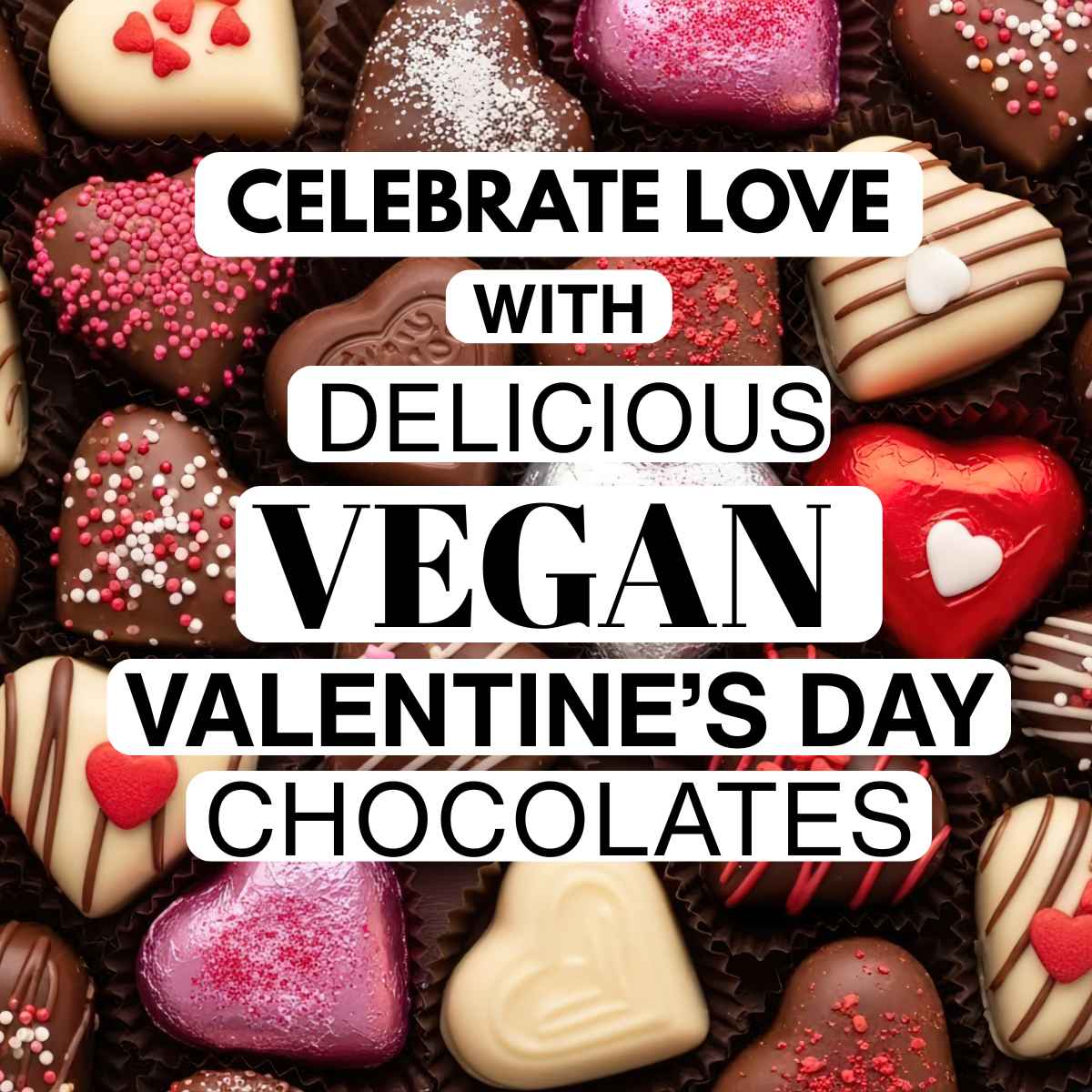 Assorted heart-shaped and decorated chocolates with text overlay: "Celebrate love with delicious vegan Valentine's Day chocolates.