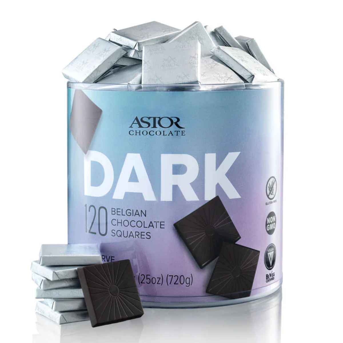 Astor dark chocolate squares in a transparent box.