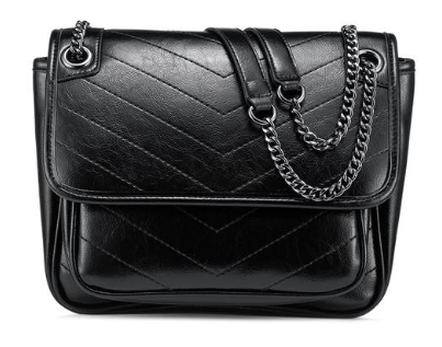 Black color vegan leather crossbody bag with chain sling.