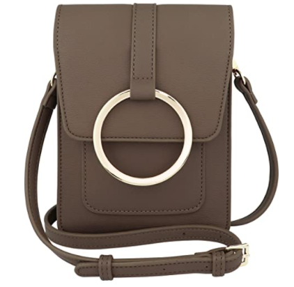 Grey color vegan leather crossbody mobile bag with golden ring 