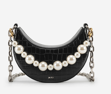 black color handbag with pearls embellishment and thick crossbody chain sling.