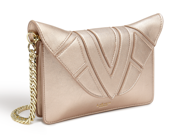 Rose gold vegan crossbody purse with golden chain