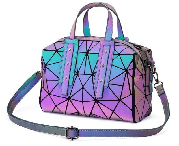 vegan leather crossbody bag multicolor geometric pattern.