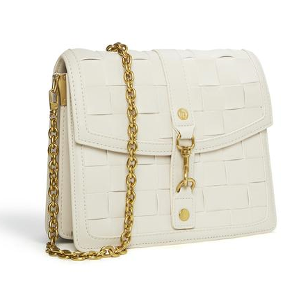 vegan leather crossbody bag in white with golden chain sling. 