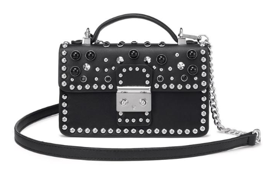 black color vegan handbag with crossbody sling embalished with pearls and stones.