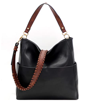 Black color soft vegan leather crossbody hobo bag with brown strap