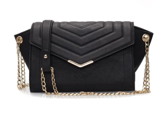 Black quilted vegan crossbody bag with golden chain