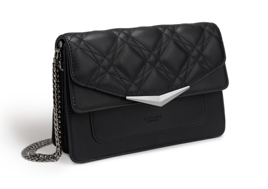 Vegan black color crossbody purse with flip and chain.