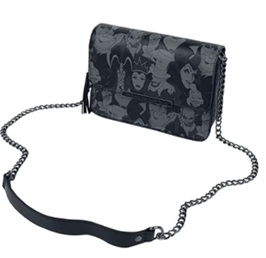 black crossbody bag with Disney characters and crossbody chain sling