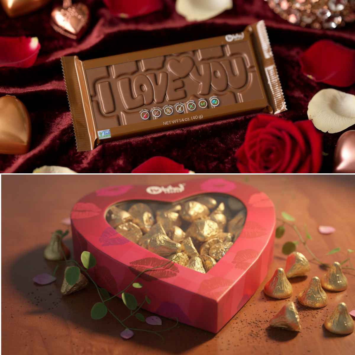 Vegan I love you chocolate bar and smooches in a heart shape box.