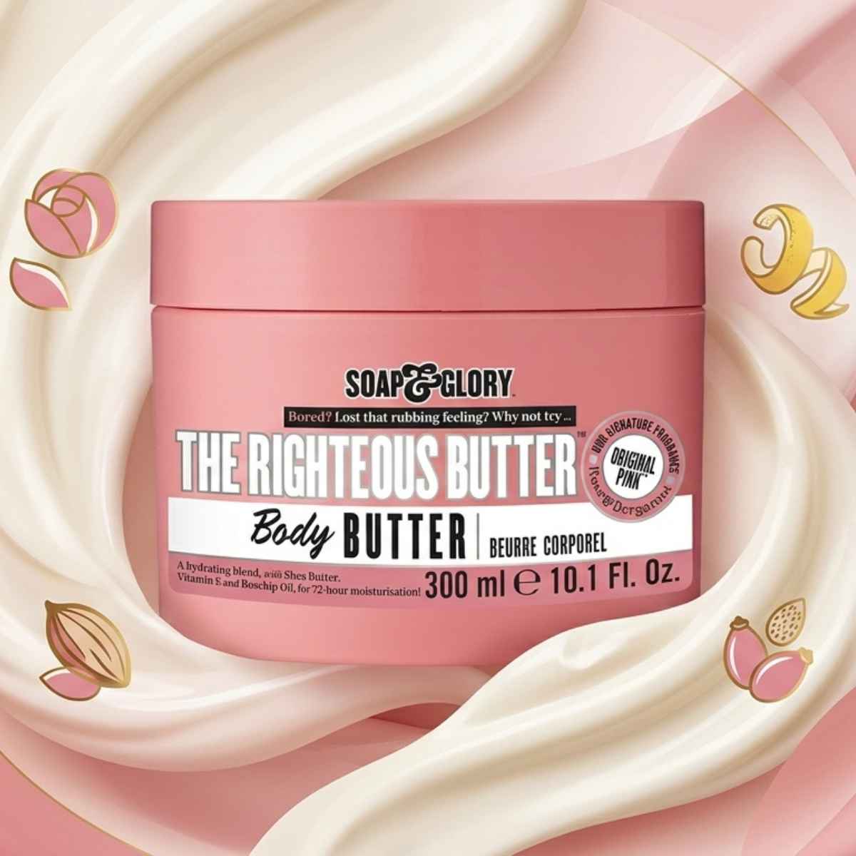 Pink container of Soap & Glory's "The Righteous Butter" sits on a creamy swirl background with floral accents.