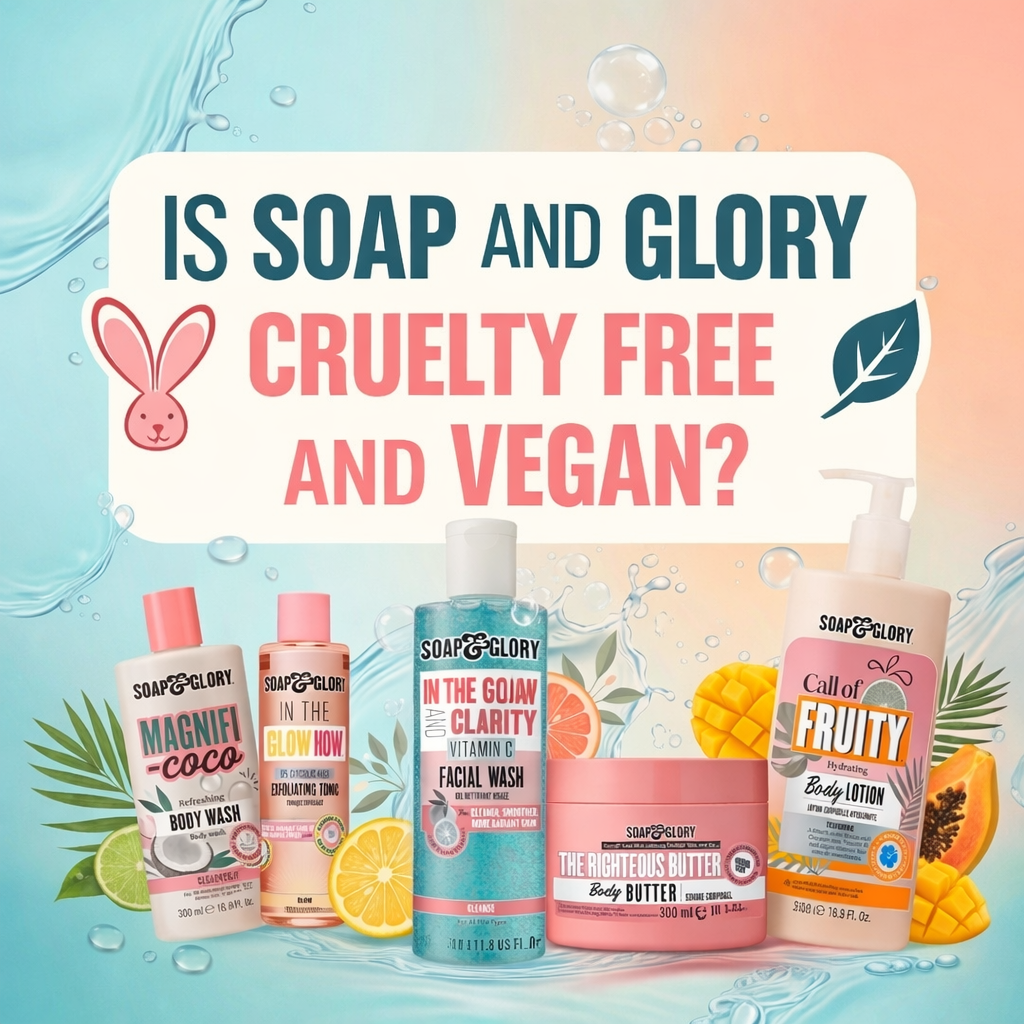 Soap & Glory products with tropical motifs, such as fruits and leaves. Text asks, "Is Soap and Glory cruelty-free and vegan?" with a rabbit icon.