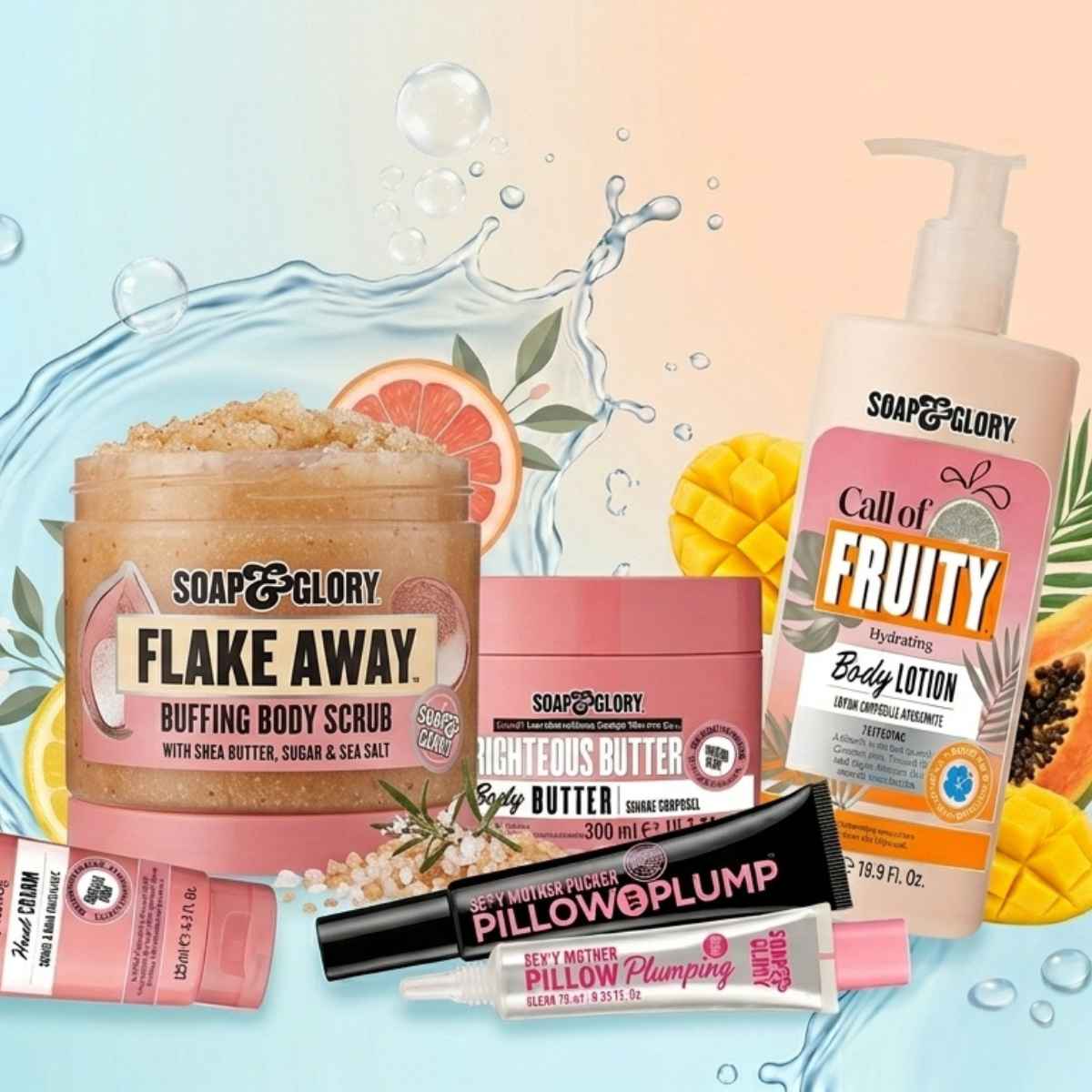 Soap & Glory vegan products lineup featuring body scrubs, lotion, and lip gloss with vibrant fruit and water splash backdrop, conveying freshness and vitality.