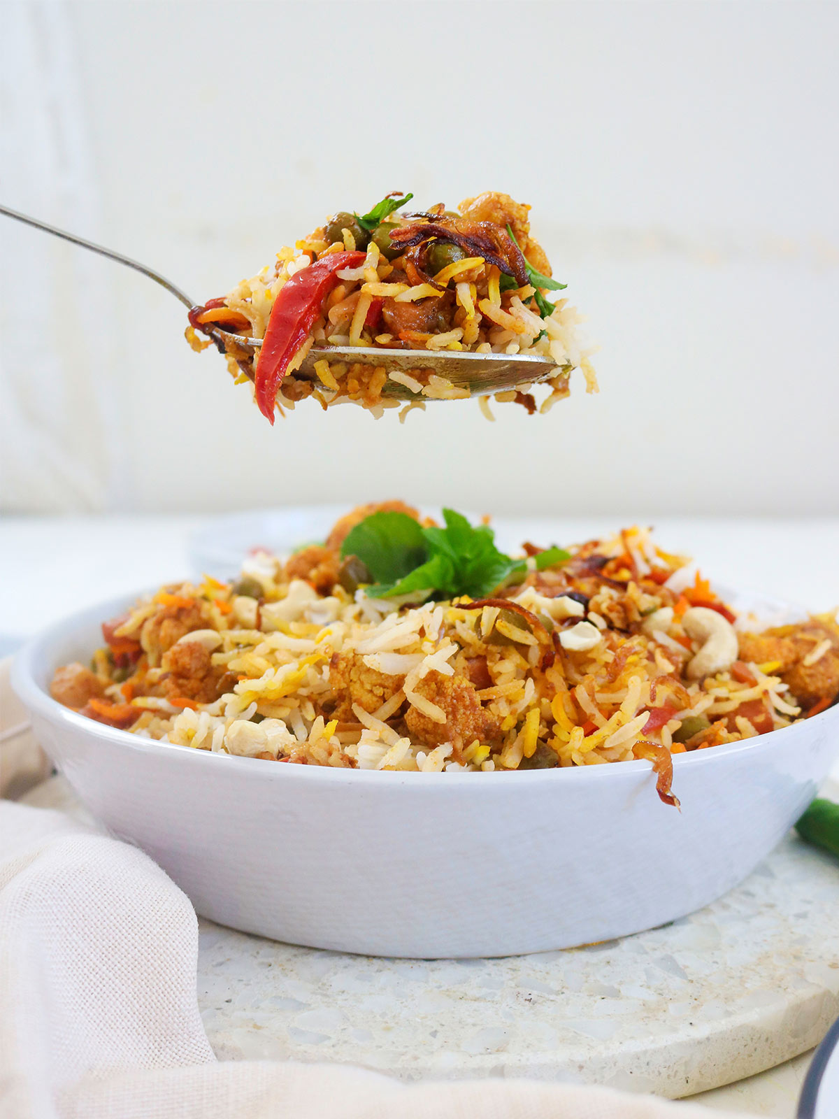 vegan biryani in a spoon