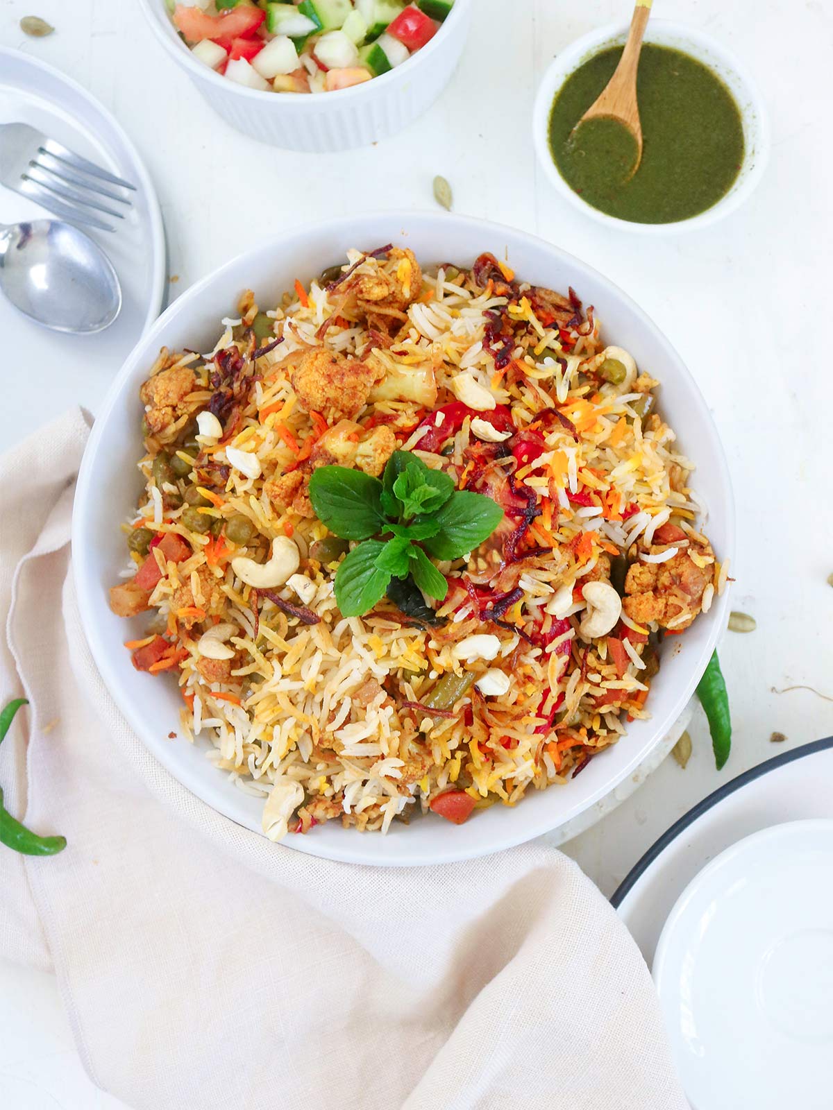 vegan biryani with green mint sauce