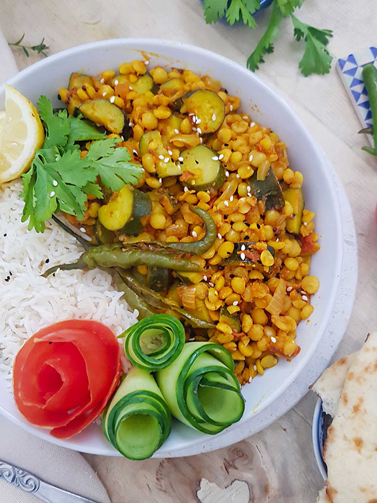 Side view of bowl serving yellow split peas