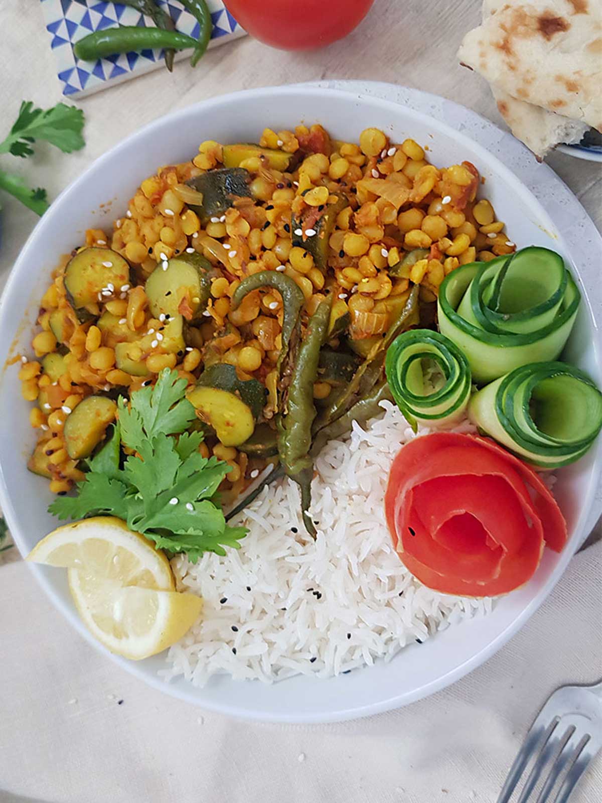 Yellow split peas with zucchini served in a bowl 