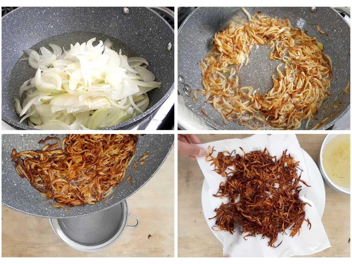 Frying onions for vegan biryani