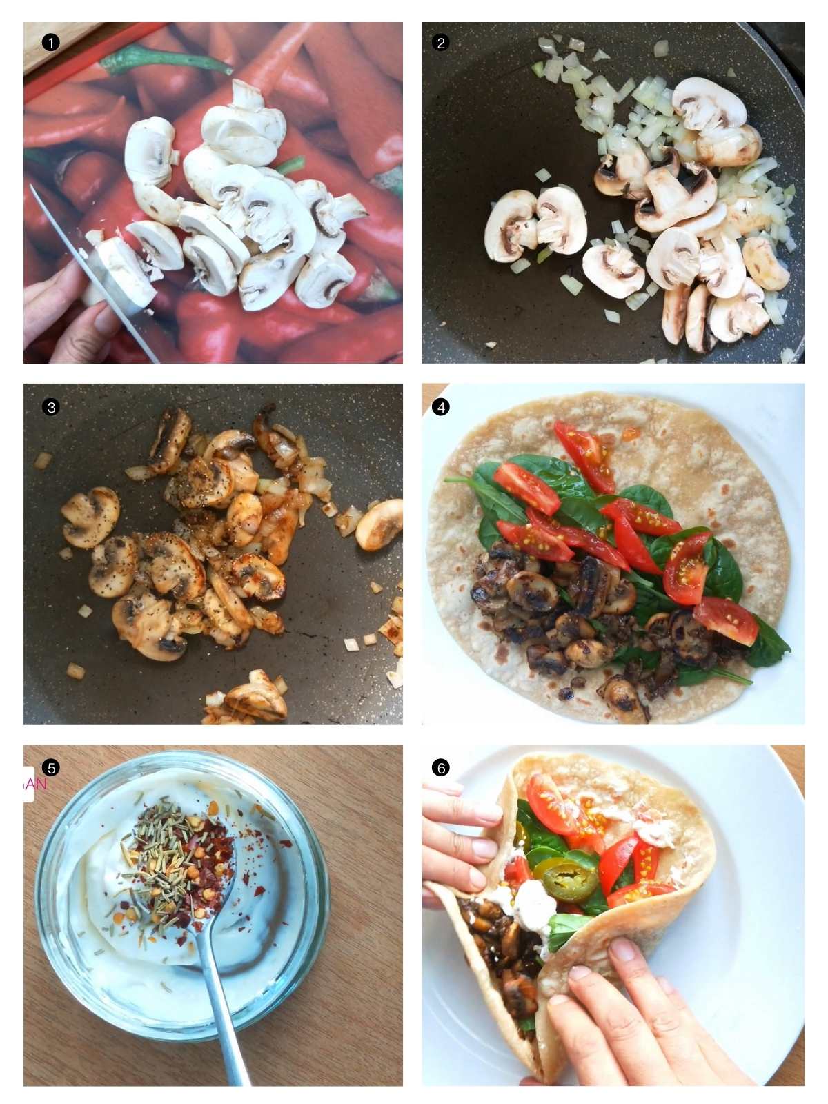 step by step process shots of how to make mushroom wrap