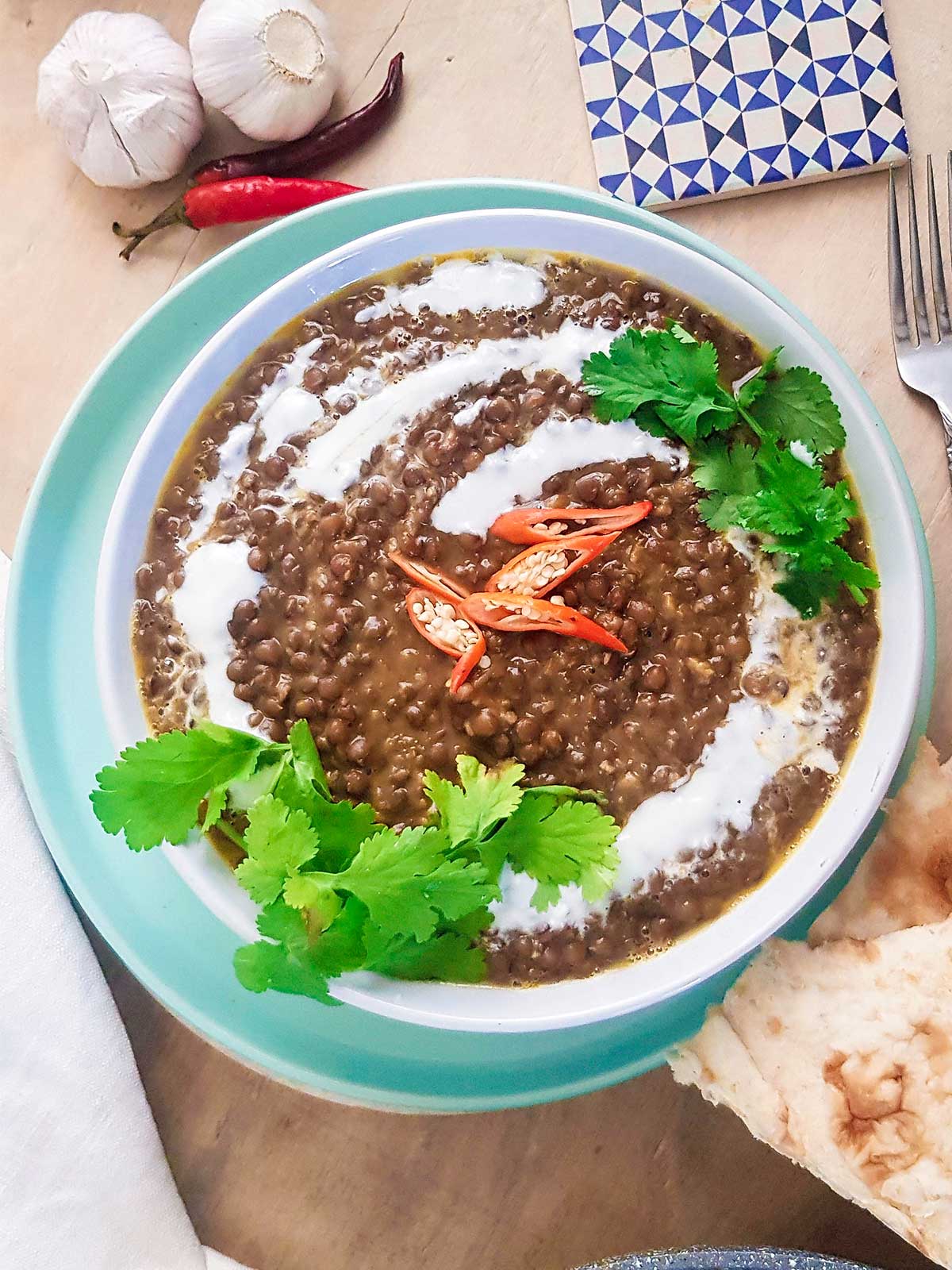 Lentil Curry without coconut milk served with naan.