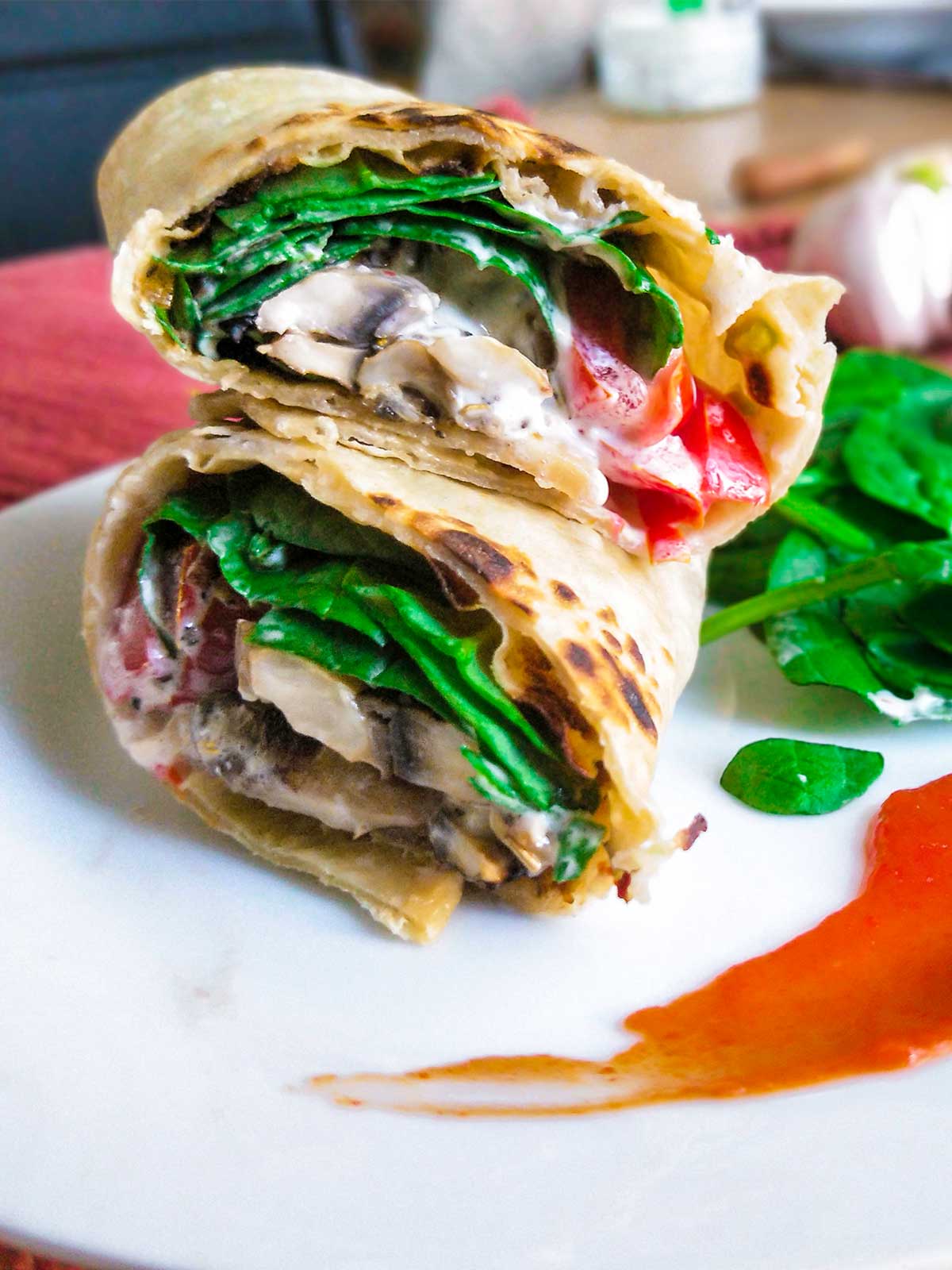 Mushroom wrap cut in half