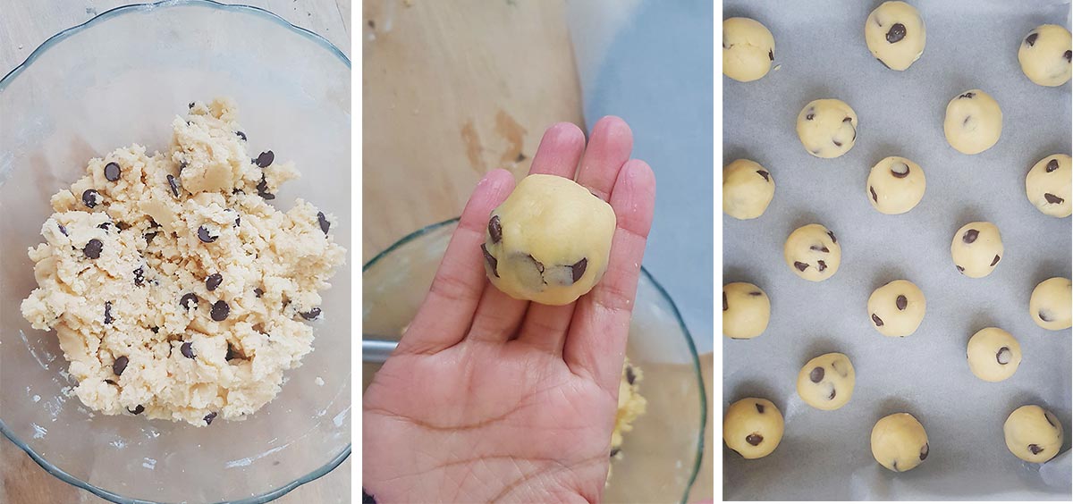 step by step process of eggless chocolate chip cookies
