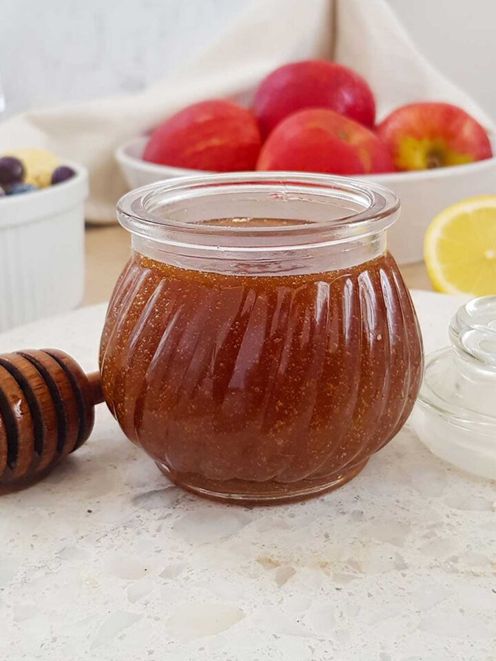 vegan honey stored in an airtight glass jar 