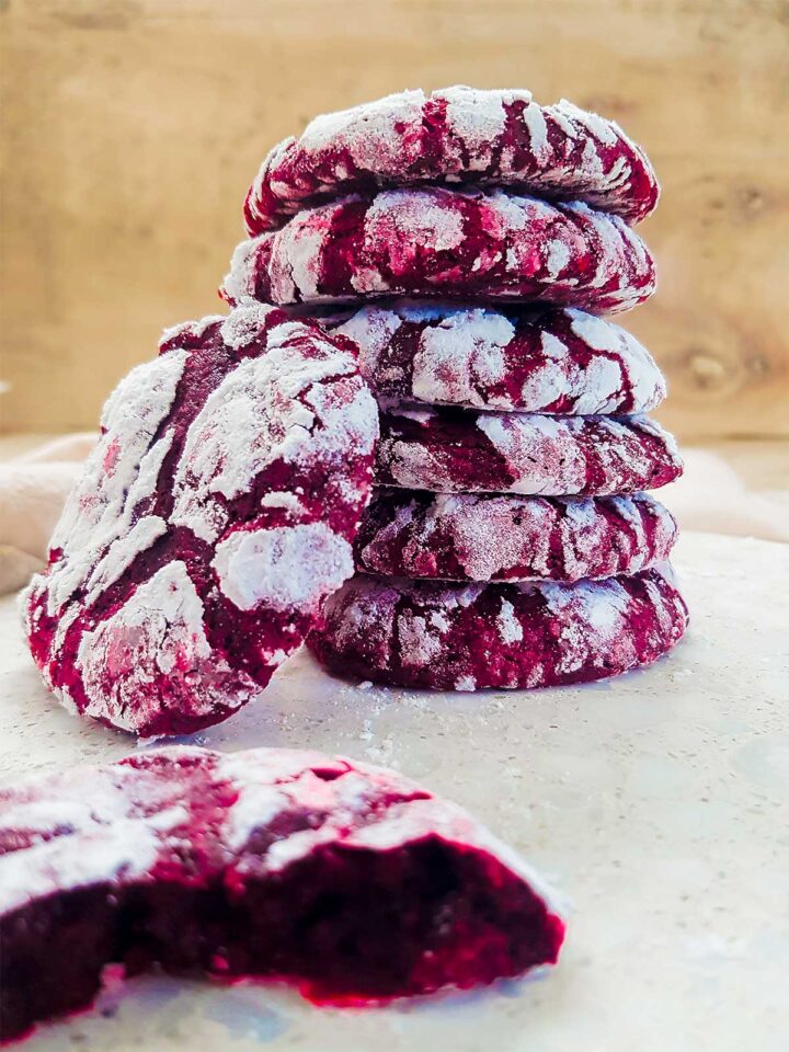 vegan red velvet crinkle cookies stack 