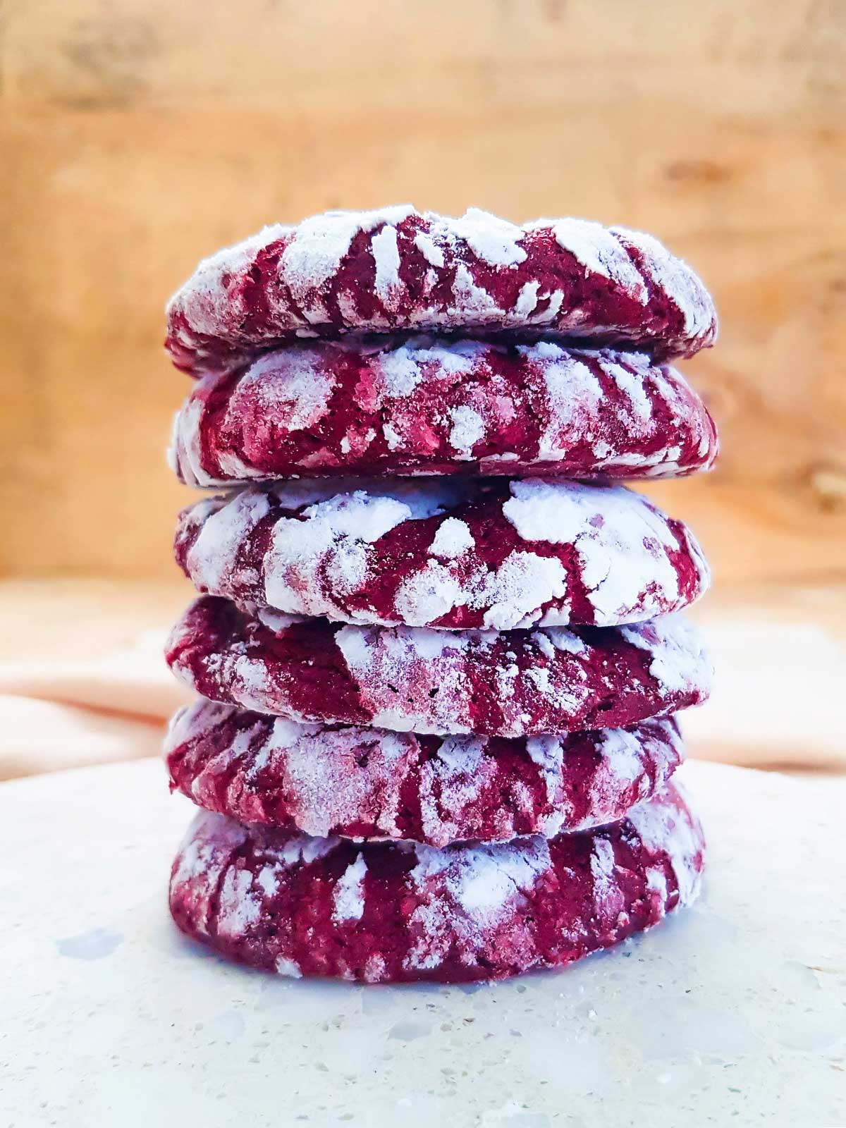 vegan red velvet crinkle cookies stack