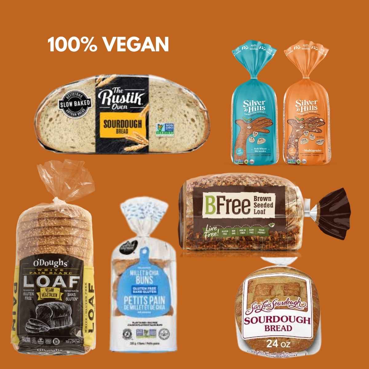 Assorted vegan bread packages on a brown background with "100% Vegan" text. Includes sourdough, multigrain, seeded, and gluten-free options.