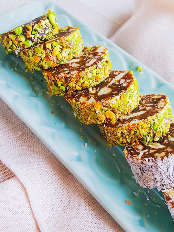 date roll sliced topped with nuts