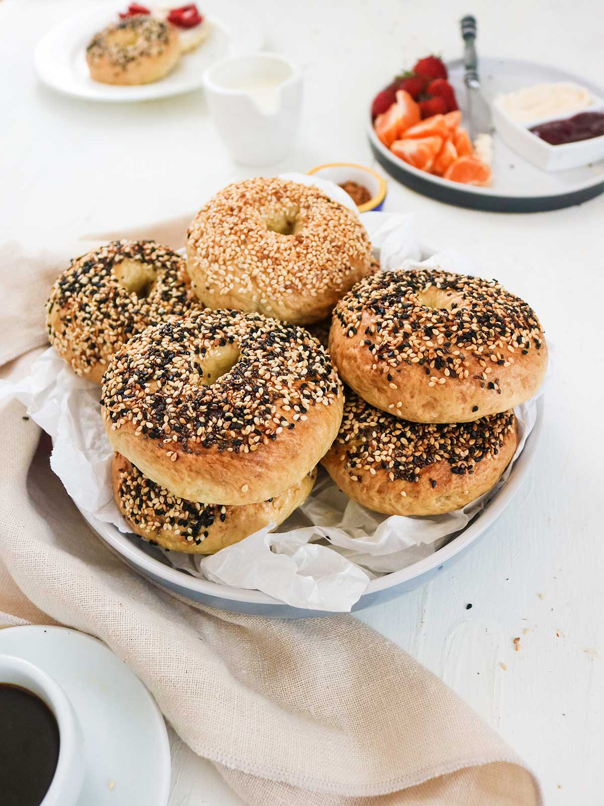 vegan bagel stack on a breakfast table