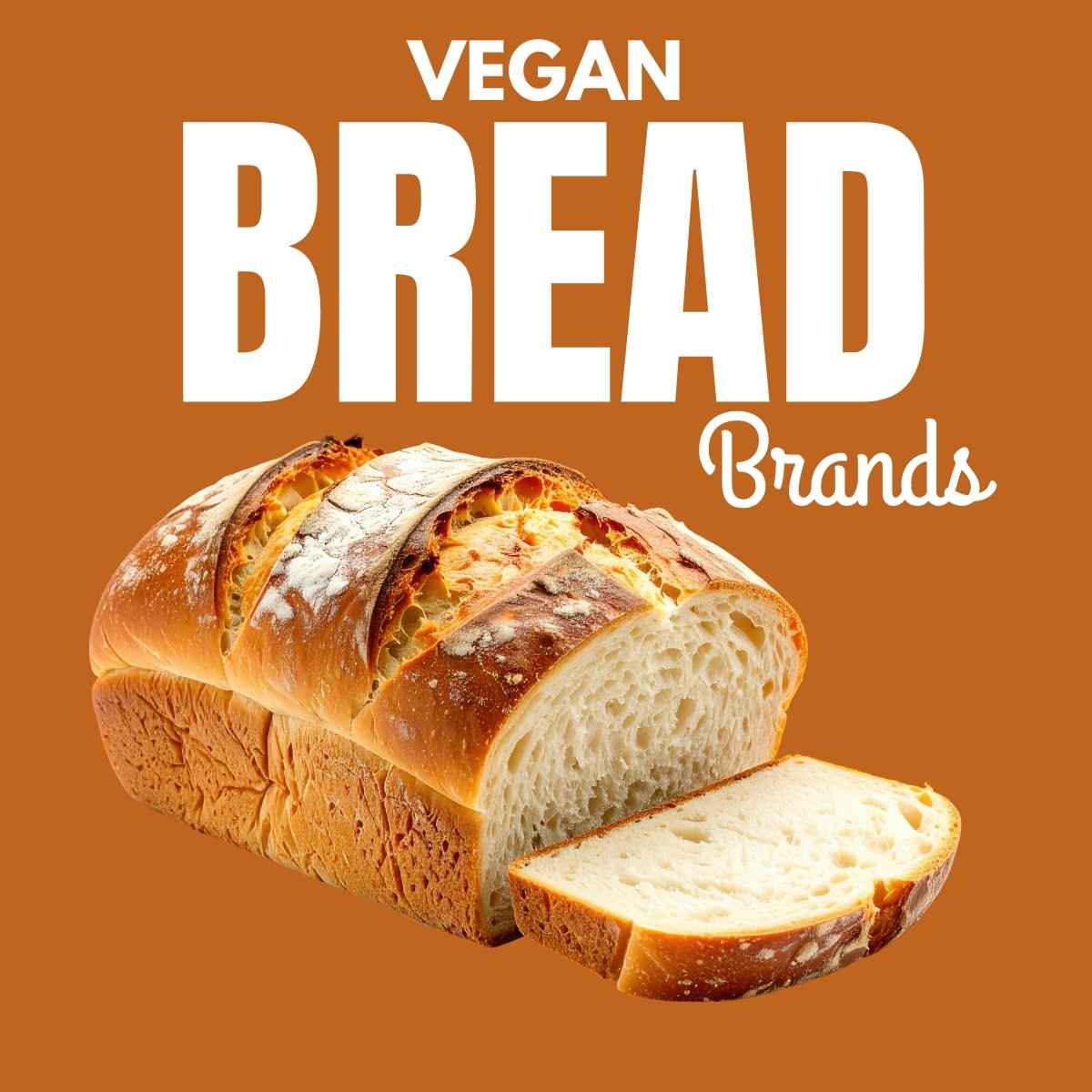 Sliced loaf of bread with golden crust and flour dusting on an orange background. Bold white text above reads, "Vegan Bread Brands." Warm, inviting tone.