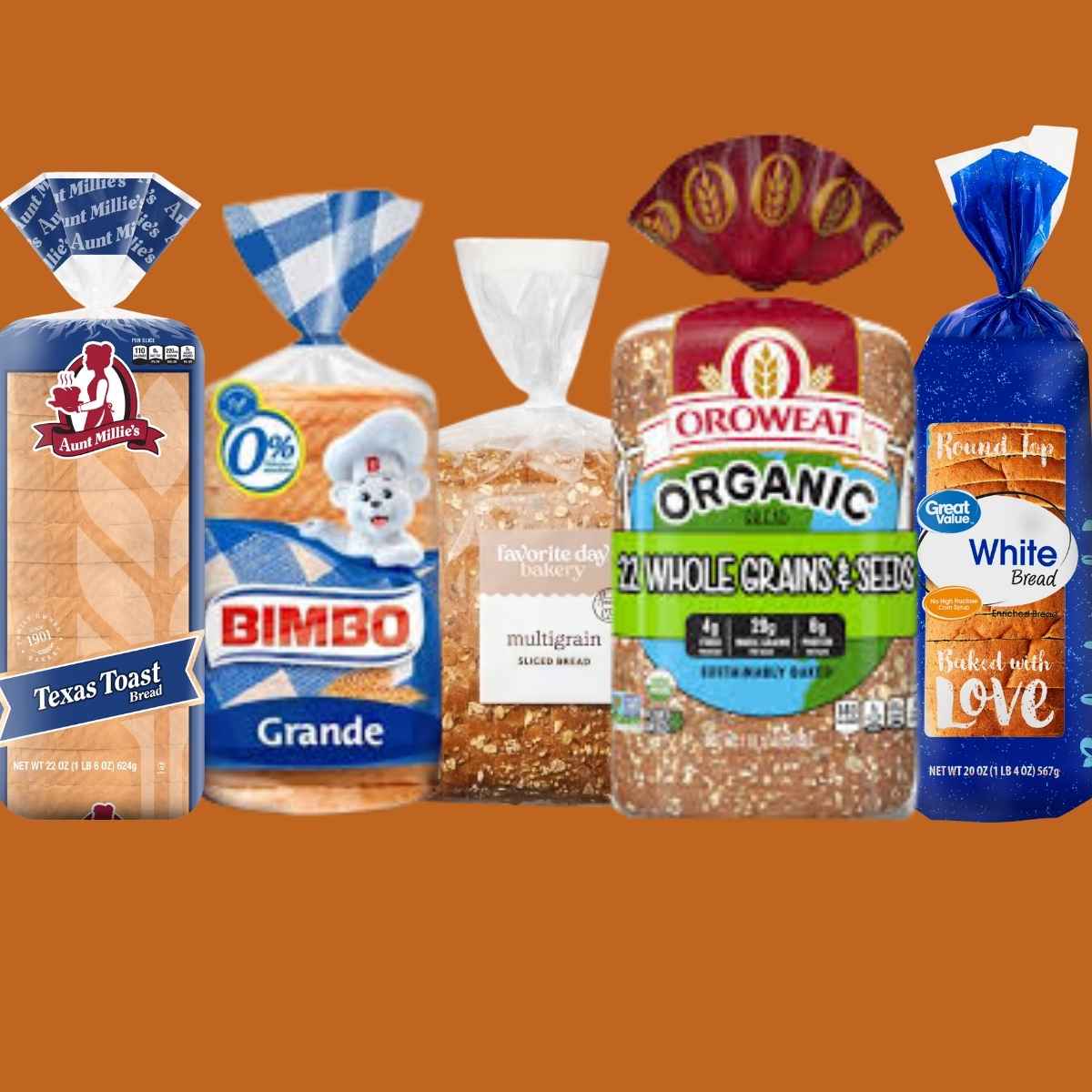 Six different bread packages are displayed against a brown background. Each package features distinct branding and labels, showcasing a variety of vegan bread types including Texas Toast, multigrain, and whole grain.