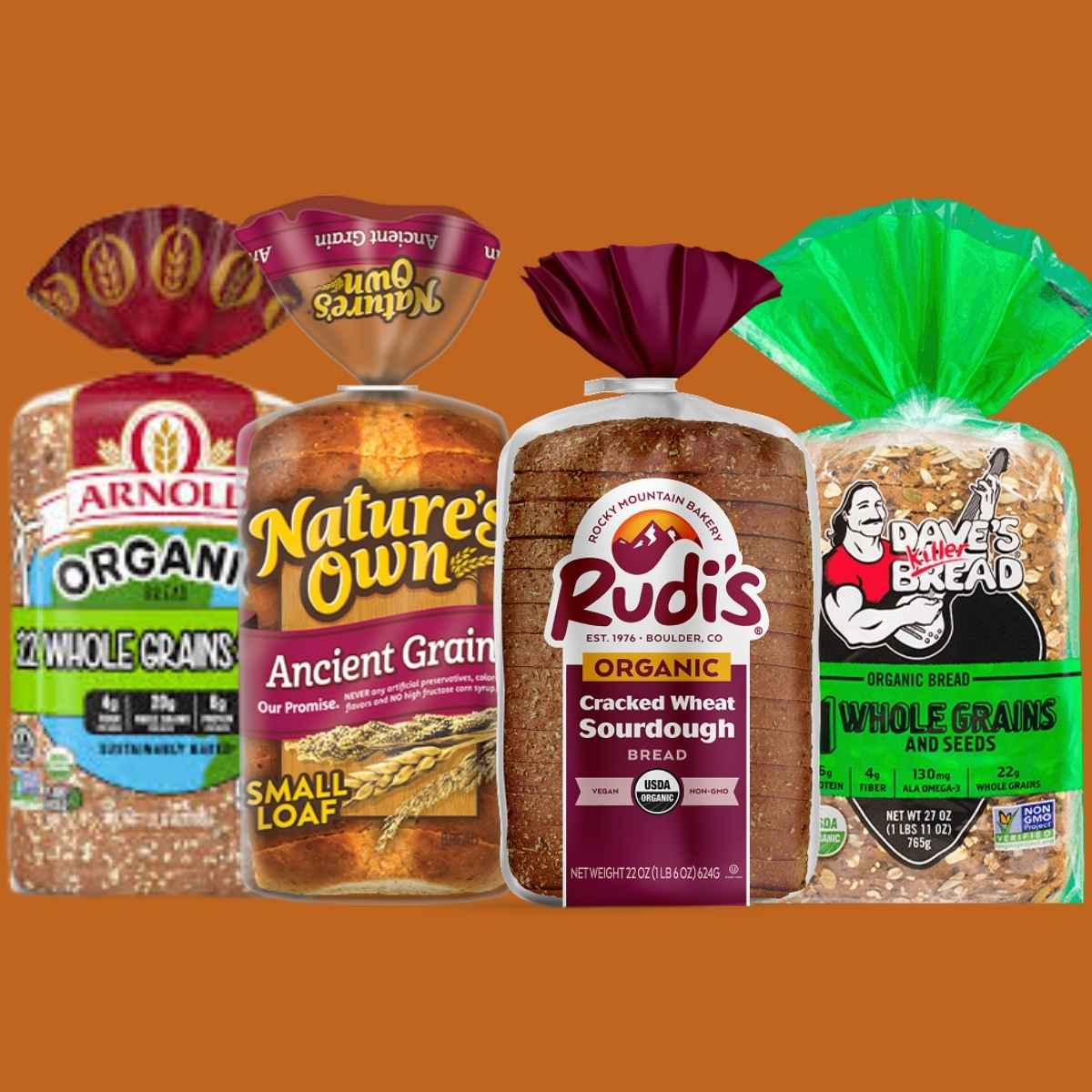Four loaves of vegan bread are displayed against a brown background. Brands include Arnold, Nature's Own, Rudi's, and Dave's Killer Bread, each labeled as organic with various grains.