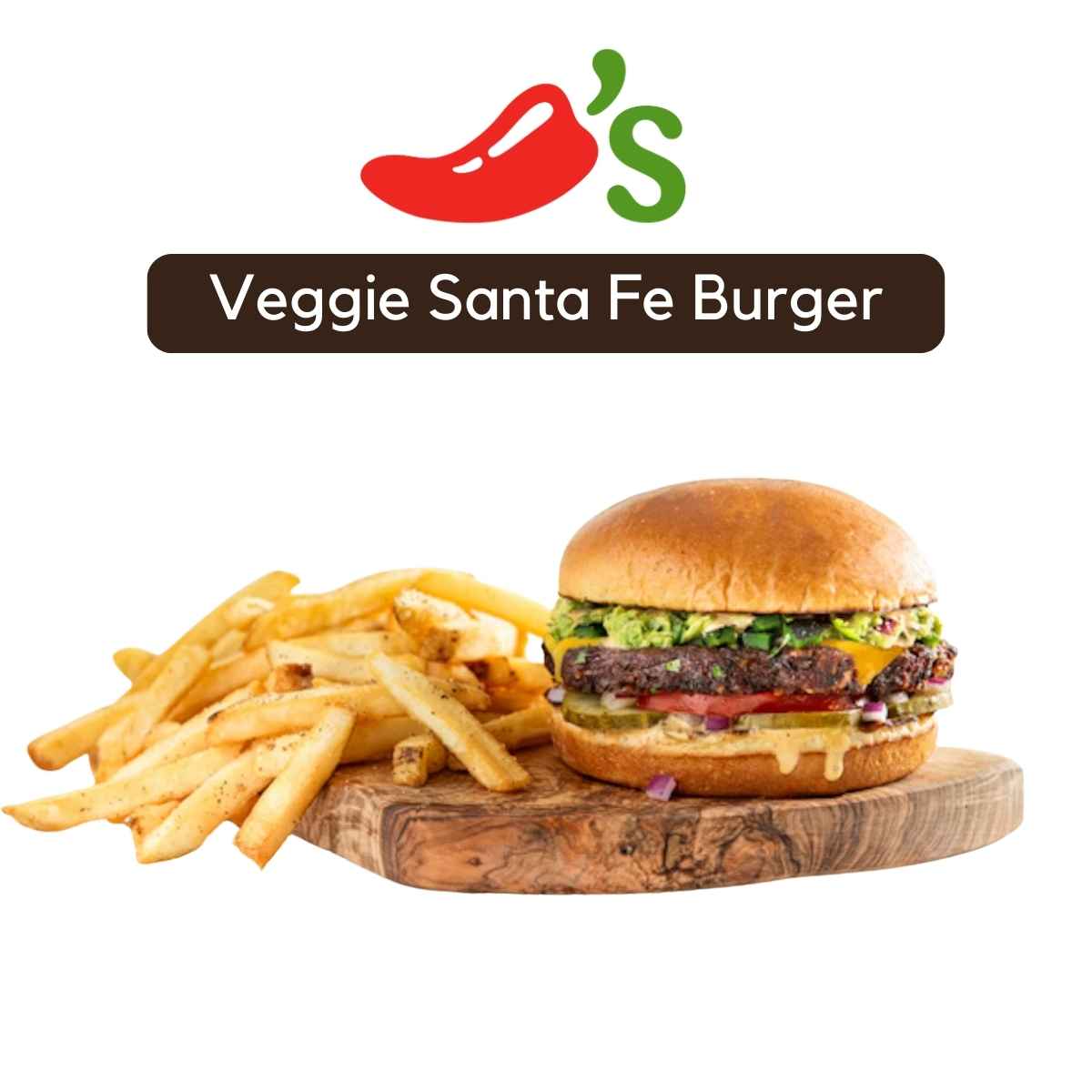 Veggie Santa Fe Burger at Chili’s with black bean patty, guacamole, cheddar, jalapeños, and fries on a wooden board.